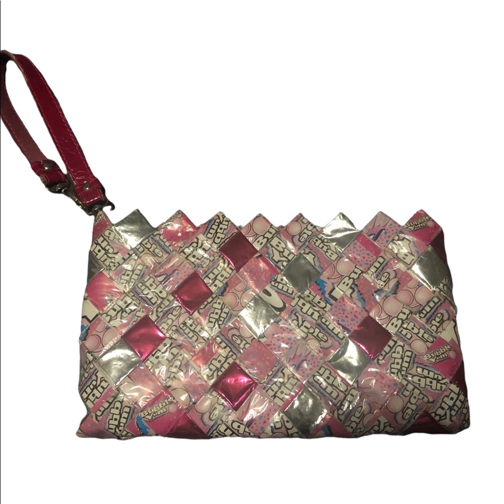 Super unique Nahui Ollin y2k clutch bag made from recycled bubblegum wrappers 💖